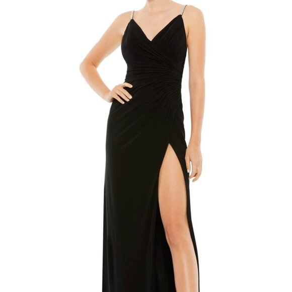 Ieena Mac Duggal Black Crystal Strap Ruched Jersey Gown